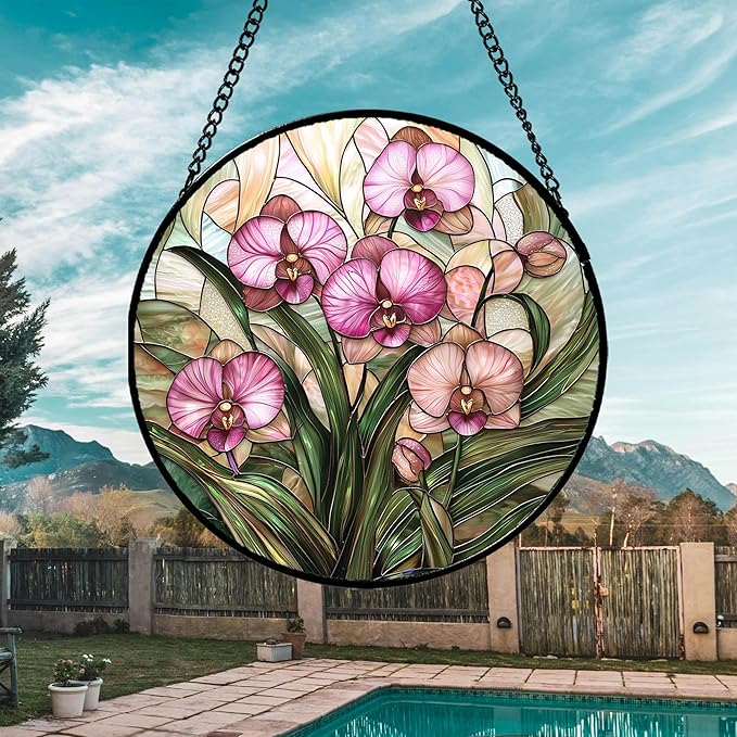 AMDERVEN Stained Glass Window Hanging - Pink Phalaenopsis Orchid Green Leaves Sun Catcher for Door Home Decor Flower Suncatcher Christmas Mother's Day Birthday Gifts for Women Men Mom Nana 11.8 in