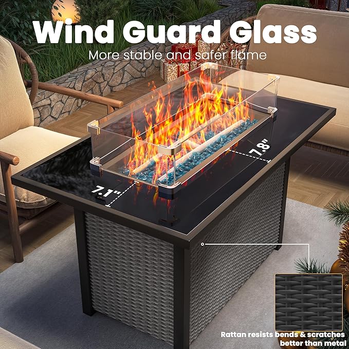 Propane Fire Pit Table, Outdoor Fire Pit Table, 43" Rattan Rectangle Outdoor Gas FirePit with Glass Wind Guard, Tempered Glass Tabletop, Lid, CSA Listed, 60,000 BTU, Outside Patio Deck & Garden, Black