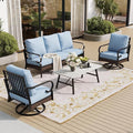 SUNSHINE VALLEY 4 PCS Metal Outdoor Patio Furniture Set, Patio Conversation Sets 1 3-Seater Sofa, 2 Swivel Chairs with 5.75" Extra Thick Cushion & Coffee Table, Black Frame Backyard Furniture, Blue