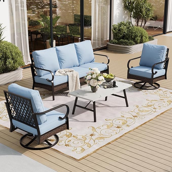 SUNSHINE VALLEY 4 PCS Metal Outdoor Patio Furniture Set, Patio Conversation Sets 1 3-Seater Sofa, 2 Swivel Chairs with 5.75" Extra Thick Cushion & Coffee Table, Black Frame Backyard Furniture, Blue