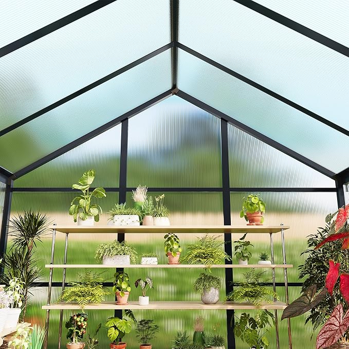 8x12 FT Greenhouse, Polycarbonate Walk-in Greenhouse for Outdoors with Roof Vent & Lockable Outward-Opening Swing Door, Heavy-Duty Aluminum Green House for Garden, Backyard, Patio, Lawn, Dark Grey