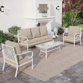 SUNSHINE VALLEY 4 Piece Metal Outdoor Patio Furniture Set, Patio Conversation Sets 1 3-seater Sofa, 2 Single Sofa with 5.75" Extra Thick Cushion and Coffee Table, White Frame Backyard Furniture, Beige