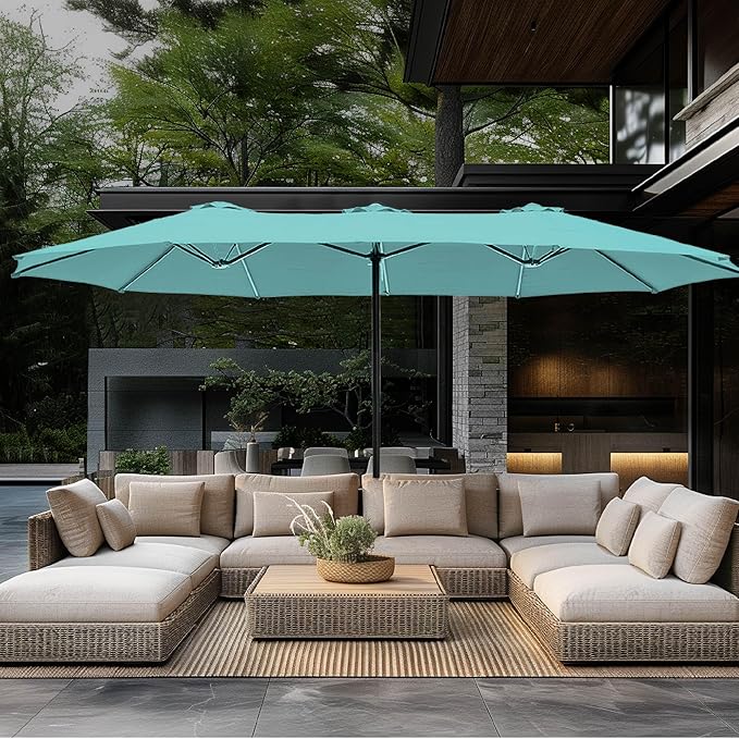 GREEN PARTY 15 ft Rectangle Patio Umbrella with Base Included, Double-Sided Table Umbrella with Crank, Large Outdoor Umbrellas for Patio Poolside Garden Backyard, Turquoise