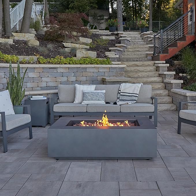 Real Flame Aegean 50in Rectangle Propane or Natural Gas Fire Pit Table, 50,000 BTU, Powder-Coated Steel, Push-Button Ignition, CSA Certified, Lava Rock, Storage Cover, Stainless Steel Burner with Lid
