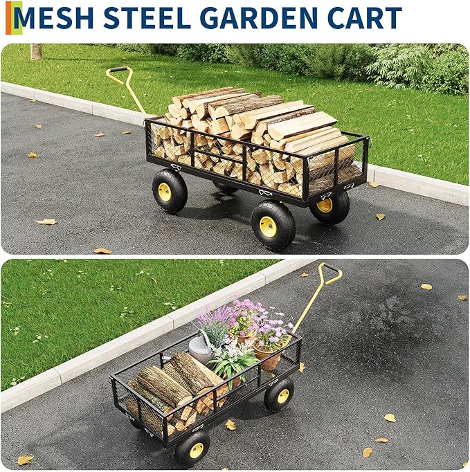 900 LBS Garden Cart with Removable Mesh Sides, Heavy Duty Steel Garden Wagon with Adjustable Handles & 10" Pneumatic Tires, Utility Wagon for Lawn Camping Farm Yard, Black+Yellow