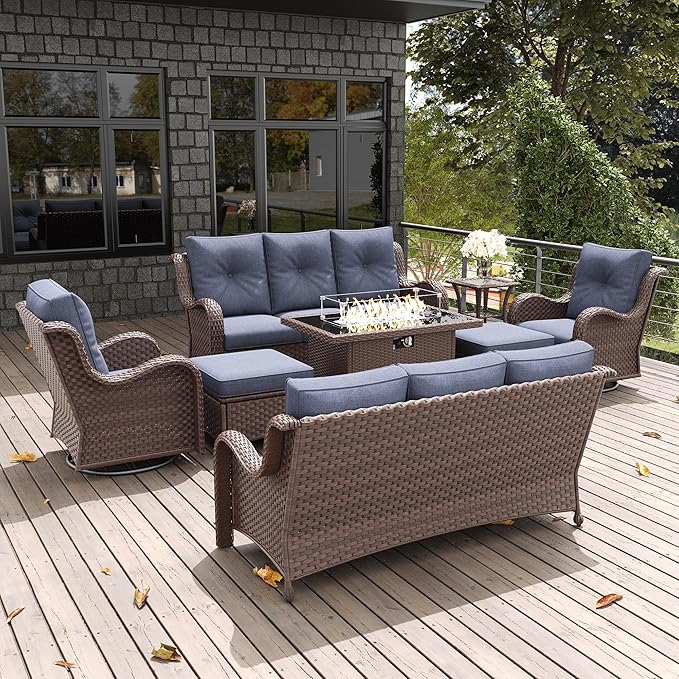 LayinSun 8 Pieces Outdoor Patio Furniture Set with Fire Pit Table, Rattan Wicker Sectional Swivel Rocker Chairs Sets with Ottomans, Swivel Glider Chair and Coffee Table