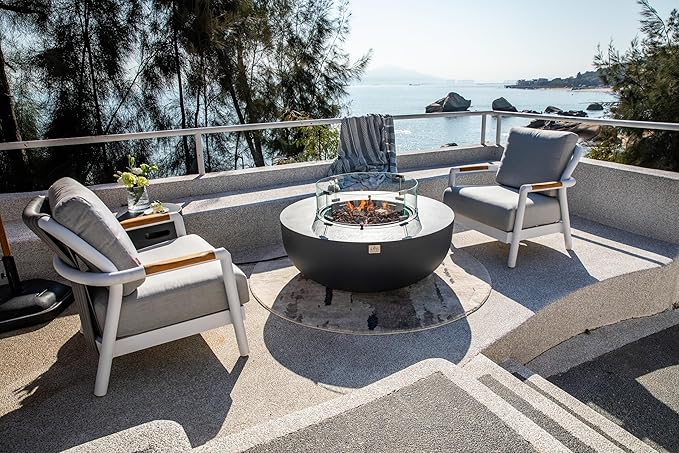 AMS Creations | Eclipse 44" Bundle Round Cast Concrete Propane Gas Fire Pit Bowl Table | Dark Gray | Smooth Texture Surface | Electronic Ignition | Outdoor Patio Heater Outside Backyard Fireplace
