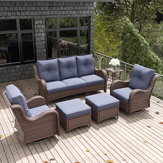 LayinSun 6 Pieces Outdoor Patio Furniture Set, Rattan Wicker Sectional Swivel Rocker Chairs Sets with Ottomans, Swivel Glider Chairs, and Coffee Table