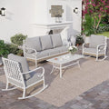 SUNSHINE VALLEY 4 PCS Metal Outdoor Patio Furniture Set, Patio Conversation Set 1 3-Seater Sofa, 2 Rocking Chairs with 5.75" Extra Thick Cushion and Coffee Table, White Frame Backyard Furniture, Gray