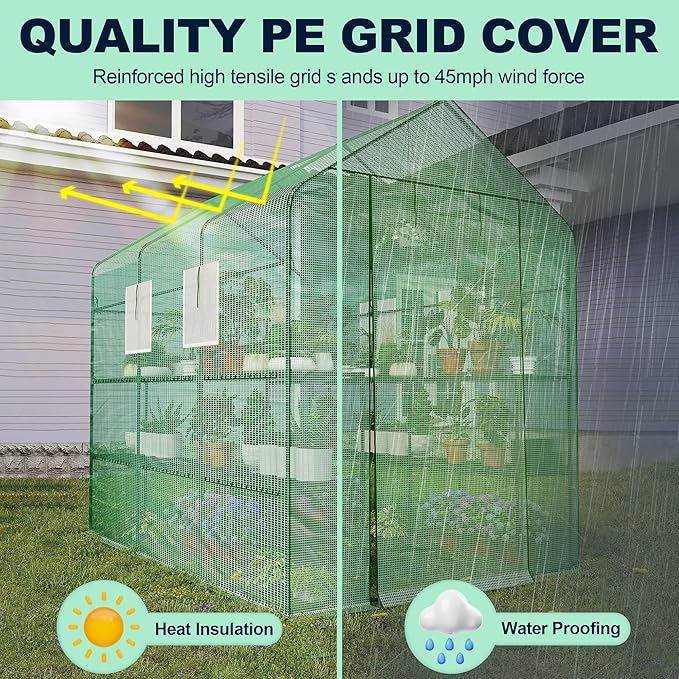 Greenhouse, 57 x 85 x 77'' Greenhouses for Outdoors, with Mesh Side Windows, PE Cover, 8 Shelves, Heavy Duty Walk in Green House for Backyard Garden Indoor, White& Green Outside