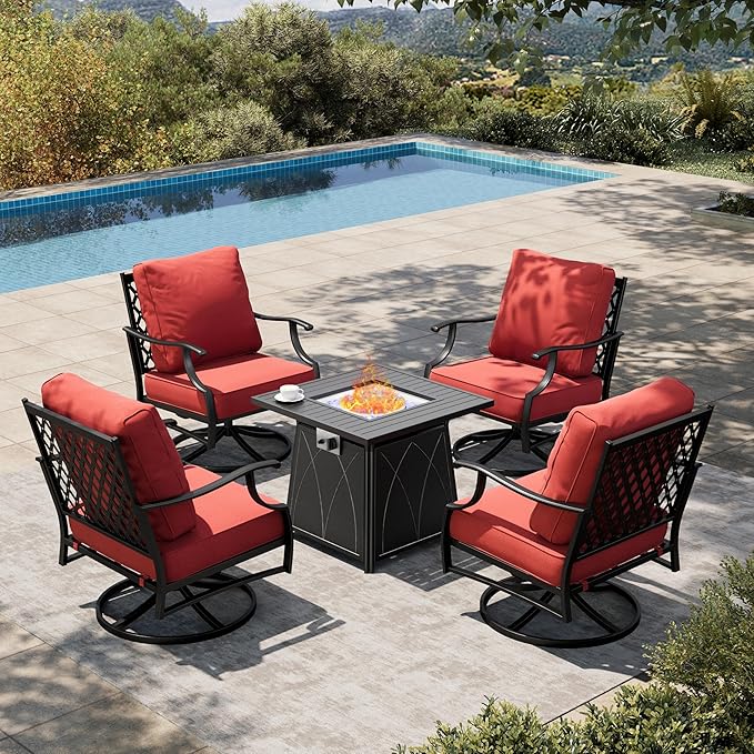 HERA'S HOUSE 5 Pieces Fire Pit Patio Furniture Set, 4 x Thick Cushioned Swivel Chairs with 28" Fire Pit Table (50,000 BTU), Outdoor Conversation Set for Garden Backyard Lawn, Red