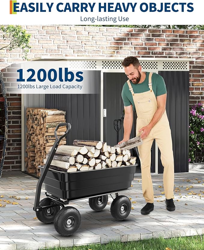 GarveeLife Poly Dump Cart - Heavy Duty 1200lbs Garden Cart with Quick-Release Dumping 13" Tires, Utility Wagon for Yard Work, Landscaping, Gardening