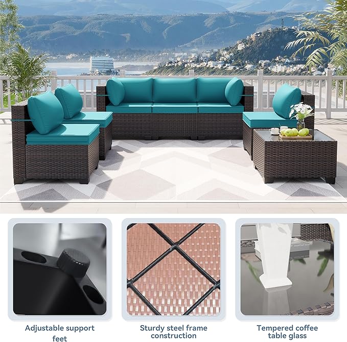 Kurapika 10 Pieces Patio Furniture Set, Rattan Wicker Sofa Set, Outdoor Conversation Sets w/Swivel Rocking Chairs Patio Sectional Sofa w/4 Inch Cushion, Blue