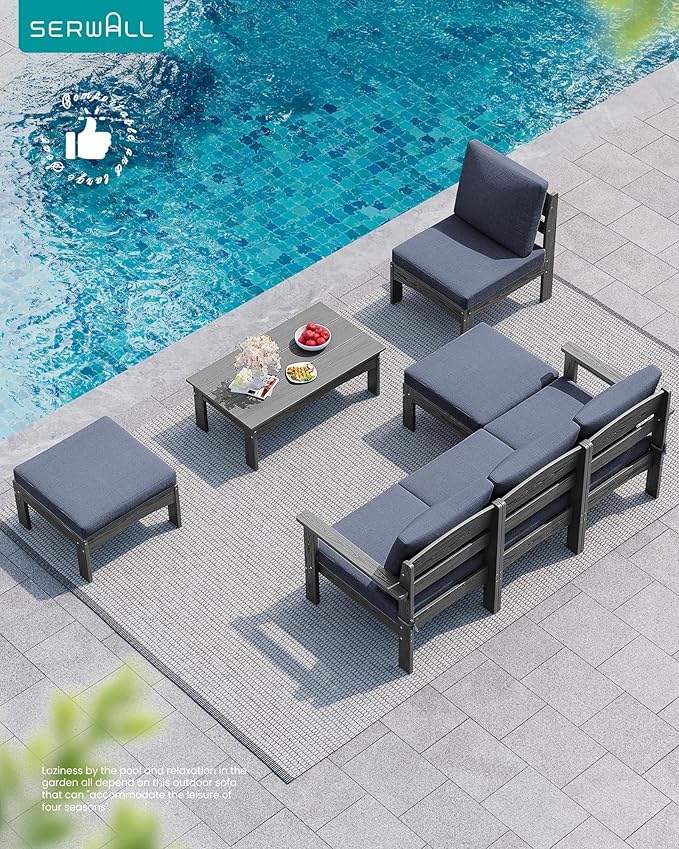 SERWALL 5-Piece Patio Sofas, All-Weather HDPE Outdoor Sectional Sofa with Cushions and Coffee Table, Large Modular Patio Conversation Set for Garden, Lawn, Deck, Porch, Grey Frame with Grey Cushion