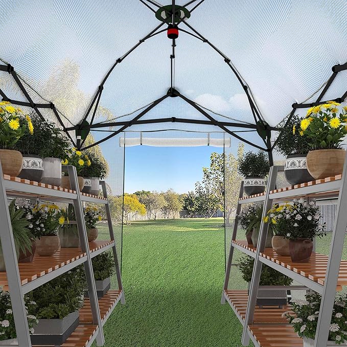 8.5 x 7 ft Walk-in Greenhouse, Portable Pop-up Green House 3 Adjustable Hights Heavy Duty Plant Gardening Canopy with Durable PE Cover for Indoor Outdoor (Clear and White)