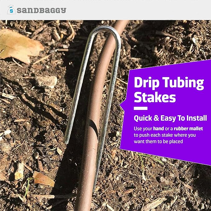 Sandbaggy 100-Pack DRIP TUBING Stakes Landscape Staples | 5 inch Length - 11 Gauge Heavy Duty | Drip Anchors | Landscape Pins | Garden Lawn Nails | Designed to Hold Drip Tubing Up to 1/2" Diameter