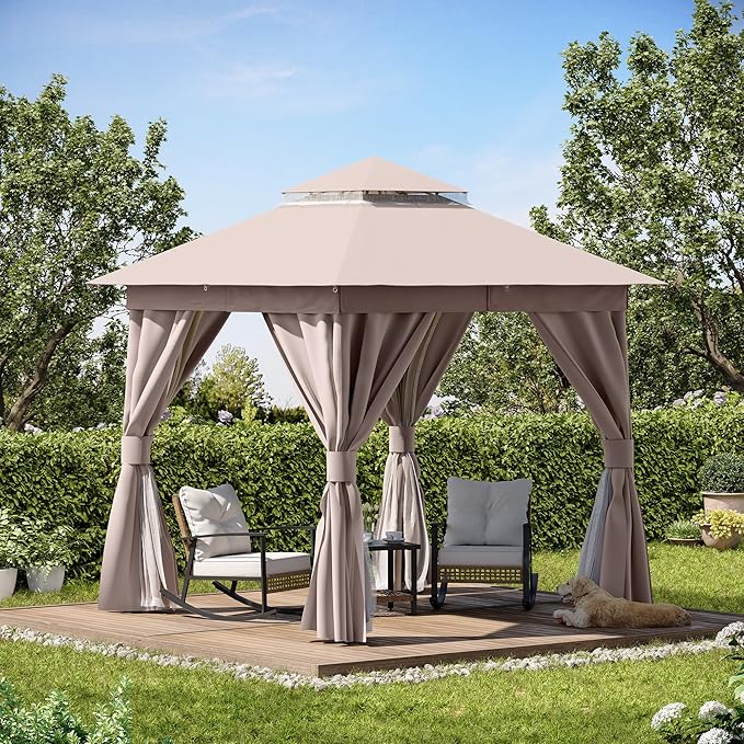 LAUSAINT HOME Gazebo 8x8ft, Heavy Duty Patio Gazebo with Expansion Bolts, Party Canopy Tent with Double Roofs, Mosquito Nettings and Privacy Screens for Backyard, Garden, Lawn, Khaki