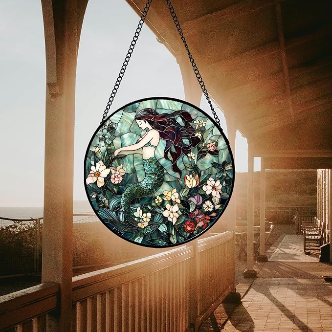 JOSUMALY Stained Glass Window Hanging - Teal Sleeping Mermaid Suncatcher for Door Terrace Garden Home Decor, Sea of Flowers Sun Catcher Birthday Gifts for Lovers Women Men Dad Mom Nana 11.8 in
