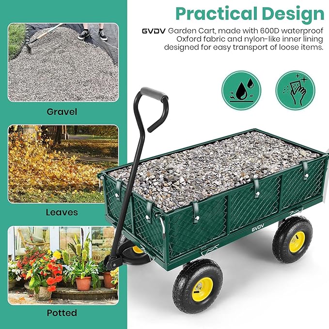 GVDV 660LB Garden Cart with Liner, Heavy Duty Steel Garden Wagon, Folding Utility Wagon with Removable Sides and 10" All-Terrain Wheels