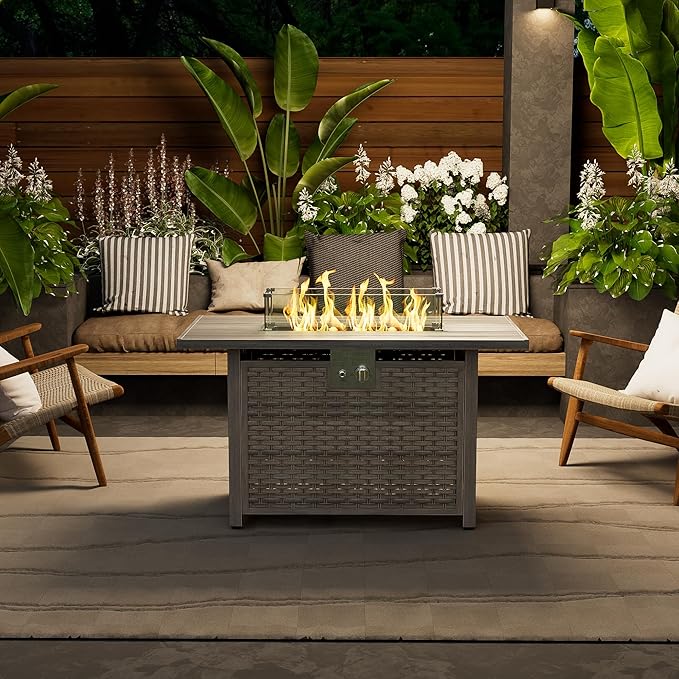 Dineli 43-Inch Rectangular Propane Fire Pit Firepits for Outside Patio Fire Pit Table, Gas Fire Pits with Adjustable Feet, Tabletop Fire Pits for Backyard Deck Balcony, 50,000 BTU, Light Brown