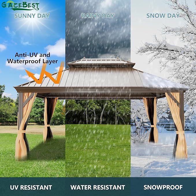 GAZEBEST 12' X 16' Hardtop Gazebo, Outdoor Galvanized Steel Double Roof Permanent Aluminum Frame Pavilion Pergola Canopy with Privacy Curtains for Garden, Patio, Backyard, Deck and Lawns.