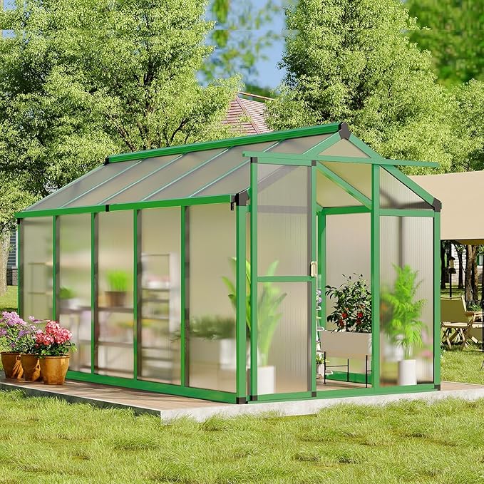 6x10 FT Greenhouse for Outdoors, Polycarbonate Greenhouse with Roof Vent, Ground Nails, Lockable Push Door, Aluminum Large Walk-in Green House for Outside Garden Backyard, Patio, Lawn, Green