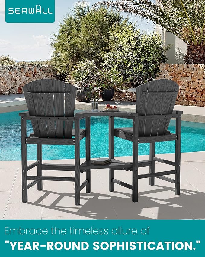 SERWALL Tall Adirondack Chairs Set of 2 with Double Layer Connecting Tray, HDPE Bar Height Outdoor Chairs, Wood-Like Adirondack Bar Stools for Patio, Balcony, Porch, Grey