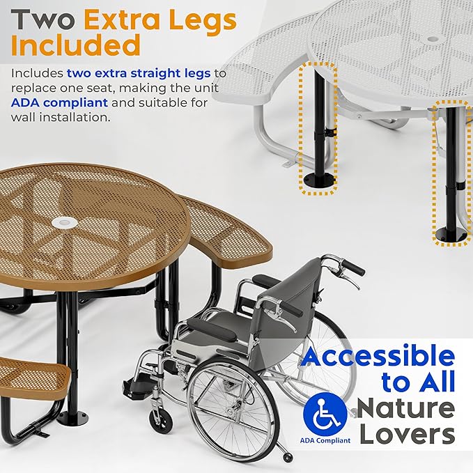 Metal Picnic Tables for Outdoors with Umbrella Hole - Coated Steel Heavy Duty Commercial Grade Furniture Set with Adjustable Seats (Brown, 46 in, Round, Punched Steel)
