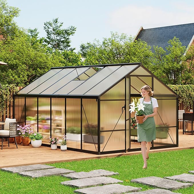 8 x 12 ft Greenhouse, Greenhouses for Outside, Polycarbonate Greenhouse with Aluminum Frame, Lockable Door and Ajustable Roof Vent for Backyard, Green Houses for Outside Garden Backyard, Patio