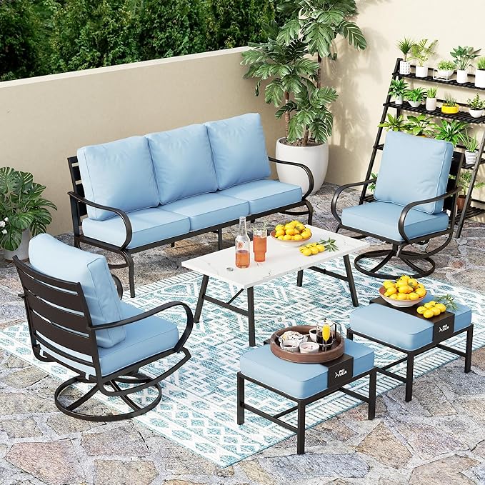 PHI VILLA 6 Piece Patio Furniture Sets with 1 x 3-Seat Deep Seating Bench, 2 x Cushioned Swivel Sofa Chairs, 1 x Coffee Table & 2 Ottoman, Outdoor Metal Conversation Set for Lawn Garden, Light Blue