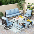 PHI VILLA 6 Piece Patio Furniture Sets with 1 x 3-Seat Deep Seating Bench, 2 x Cushioned Swivel Sofa Chairs, 1 x Coffee Table & 2 Ottoman, Outdoor Metal Conversation Set for Lawn Garden, Light Blue
