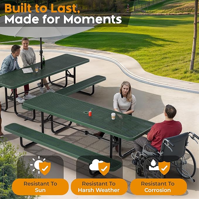 Commercial Heavy-Duty Metal Picnic Table - ADA Compliant, Adjustable Seats, Umbrella Hole, Expanded Metal (Green, 8' Rectangular)