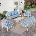 SUNSHINE VALLEY 6 Piece Metal Outdoor Patio Furniture Set, Patio Conversation Sets 3-Seater Sofa, 2 Fixed Chair, 2 Swivel Chair with 5.75" Thick Cushion & Coffee Table White Backyard Furniture, Blue