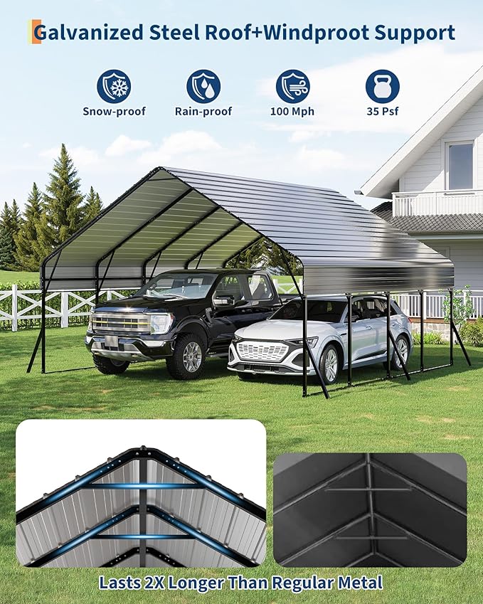 20x20 FT Heavy Duty Metal Carport Kit with Reinforced Frame & Anchor Bolts, for RV, Truck, Boat, Tractor Shelter, 100MPH Wind/35PSF Snow Rating, Easy Assembly
