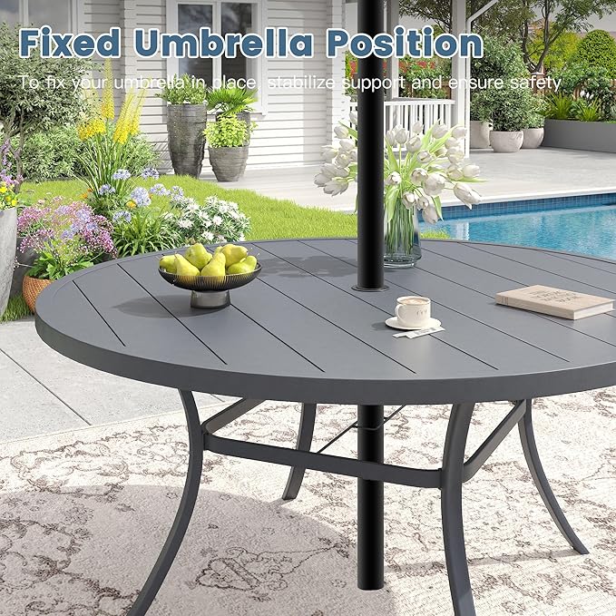 DIFY 60" Round Outdoor Patio Dining Table for 8-10, Metal Patio Table with 1.57" Adjustable Umbrella Hole, All-Weather Dining Furniture Table for Backyard Lawn Garden, Grey