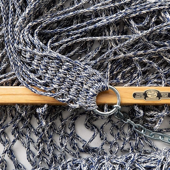 Original Pawleys Island Deluxe Navy Oatmeal Heirloom Tweed DuraCord Rope Hammock – 13 ft. x 60 in., 2-Person, 450 lb Capacity, Oak Spreader Bar, Zinc-Plated Hardware, Handcrafted in The USA
