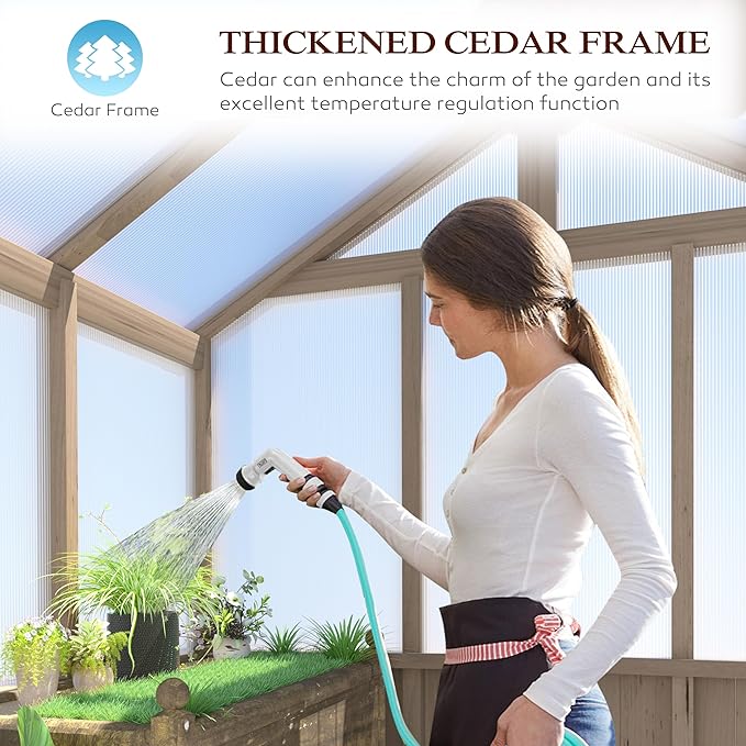 BlueWish 8x14FT Greenhouse, Greenhouses kit with Cedar Frame, Wood Greenhouse with Adjustable Vent, Lockable Door, Green House for Outside, Garden, Backyard,Light Brown Mocha
