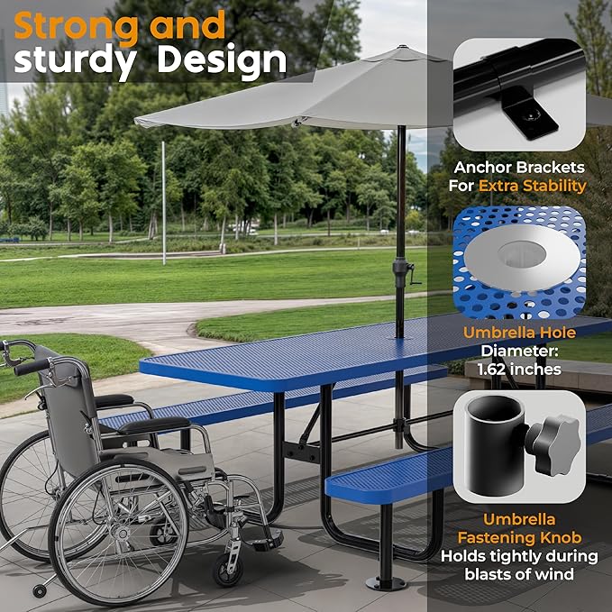 Commercial Heavy-Duty Metal Picnic Table - ADA Compliant, Adjustable Seats, Umbrella Hole (Blue, 8' Rectangular, Punched Steel)