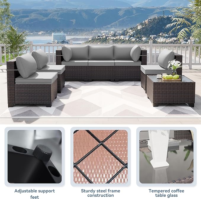 Kurapika 10 Pieces Patio Furniture Set, Rattan Wicker Sofa Set, Outdoor Conversation Sets w/Swivel Rocking Chairs Patio Sectional Sofa w/4 Inch Cushion, Grey