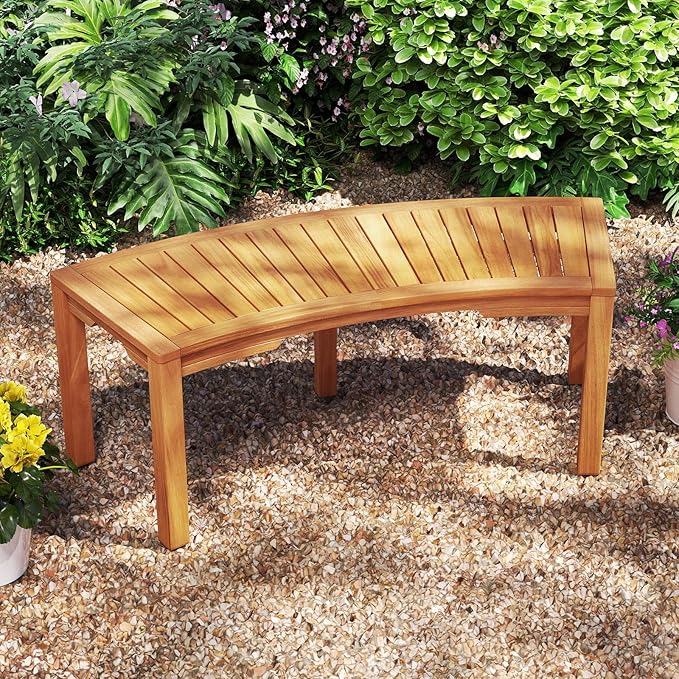RELAX4LIFE Wooden Outdoor Curved Bench - Acacia Wood Garden Bench w/Slatted Seat, 2-Person Outside Backless Seating for Porch Backyard Deck Park, 800 LBS Load Capacity, Patio Fire Pit Bench (1, 45'')