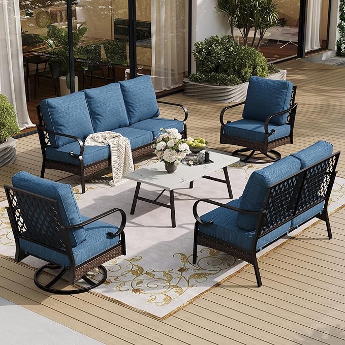 SUNSHINE VALLEY 5 PCS Metal Outdoor Patio Furniture Set, Patio Conversation Set with 1 3-Seater Sofa, 2 Swivel Sofa, Coffee Table - Black & Blue
