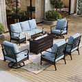 SUNSHINE VALLEY 6 Piece Black Metal Outdoor Patio Furniture Sets with Firepit Table, Patio Conversation Sets 1 3-Seater Sofa, 2 Leg Chair and 2 Swivel Chair with 5.75" Cushion for Backyard Deck, Blue