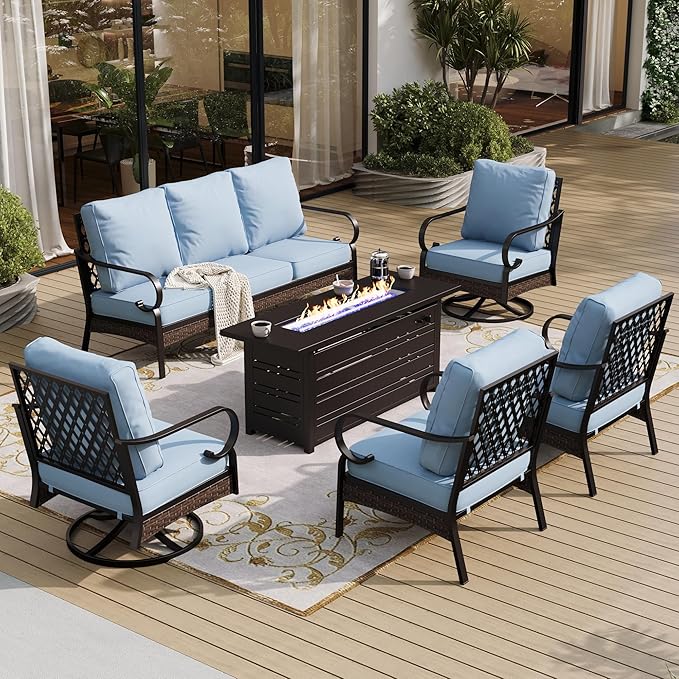 SUNSHINE VALLEY 6 Piece Black Metal Outdoor Patio Furniture Sets with Firepit Table, Patio Conversation Sets 1 3-Seater Sofa, 2 Leg Chair and 2 Swivel Chair with 5.75" Cushion for Backyard Deck, Blue