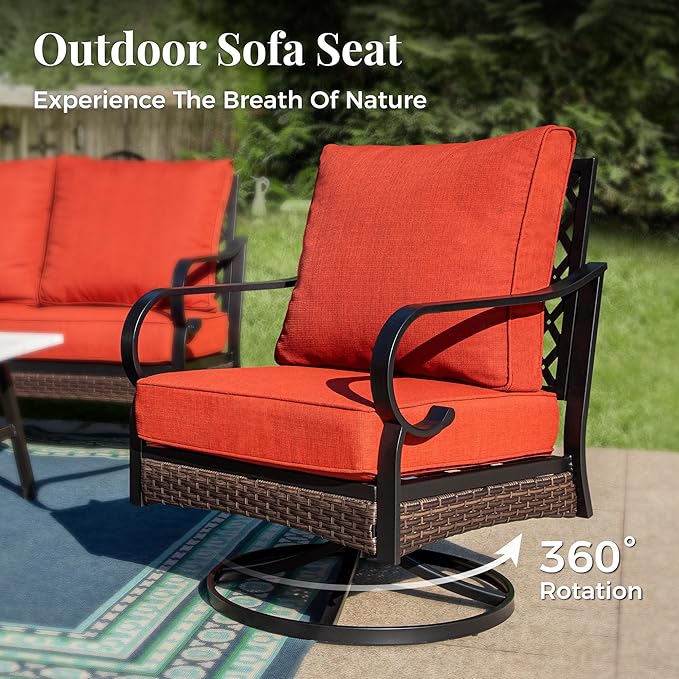 Patio Furniture Set with Coffee Table, Outdoor Conversation Set with 2 x Swivel Chairs, 1 x 3-Seat Sofa for Lawn Garden Backyard, Red