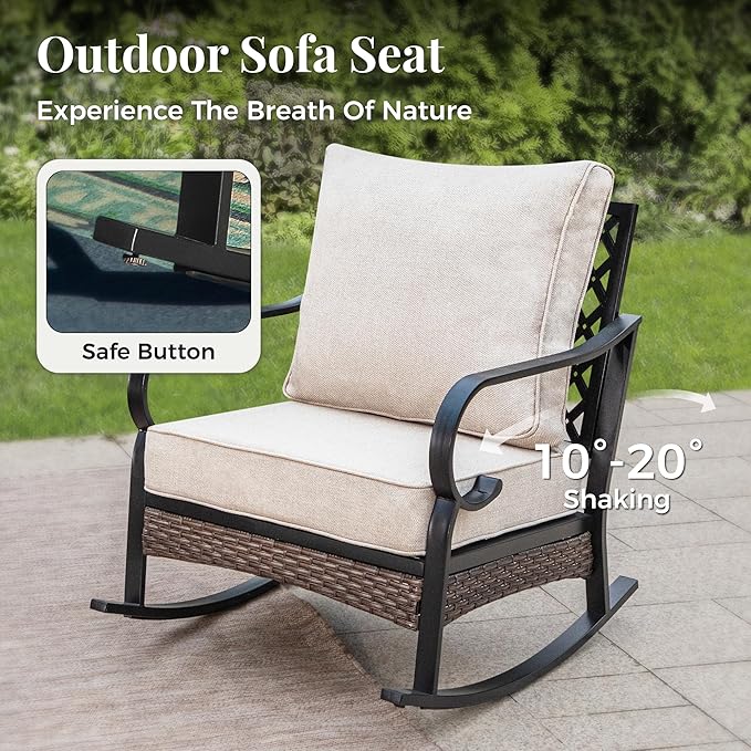 Patio Furniture Set with Coffee Table, Outdoor Conversation Set with 2 x Rocking Chairs, 1 x 3-Seat Sofa for Lawn Garden Backyard, Beige