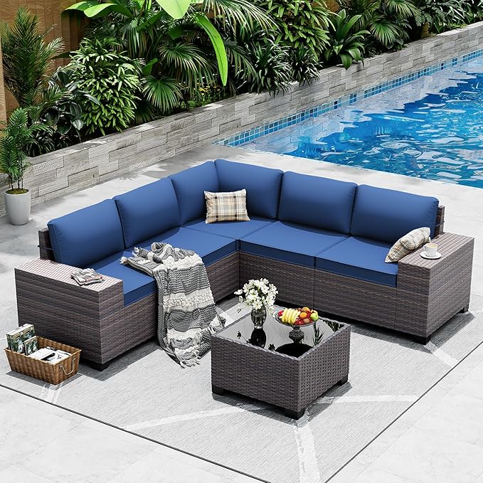 Outdoor Patio Furniture Set, 6 Pieces Outdoor Sectional Furniture High Backrest Patio Sofa, All-Weather PE Rattan Patio Conversation Set with Coffee Table & Cushions(Dark Blue).