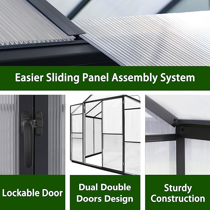 8x16 FT Polycarbonate Aluminum Greenhouse Kit, Outdoor Walk-in Green House with Adjustable Roof Vents and Lockable Door, Backyard Garden in Winter, Gray