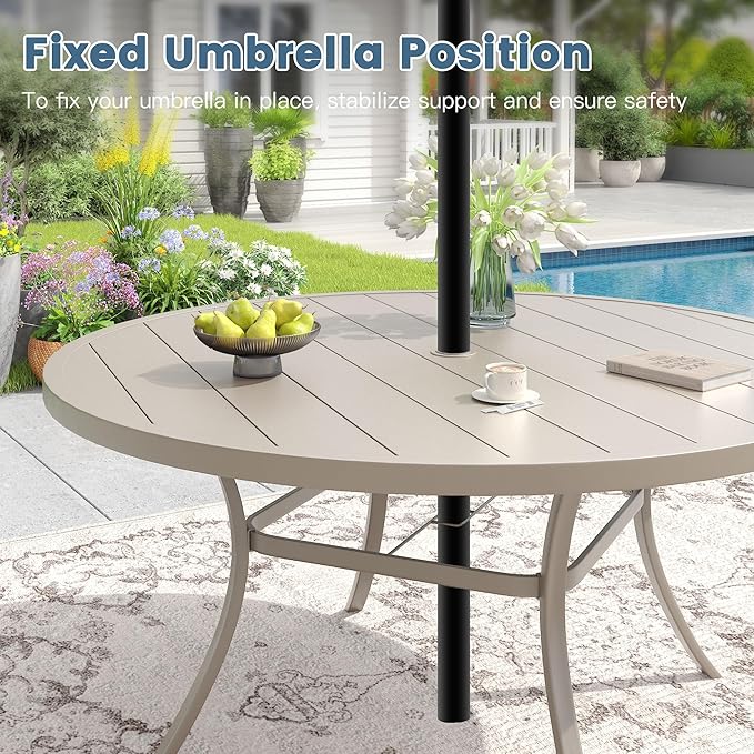 DIFY 60" Round Outdoor Patio Dining Table for 8-10, Metal Patio Table with 1.57" Adjustable Umbrella Hole, All-Weather Dining Furniture Table for Backyard Lawn Garden, Cream