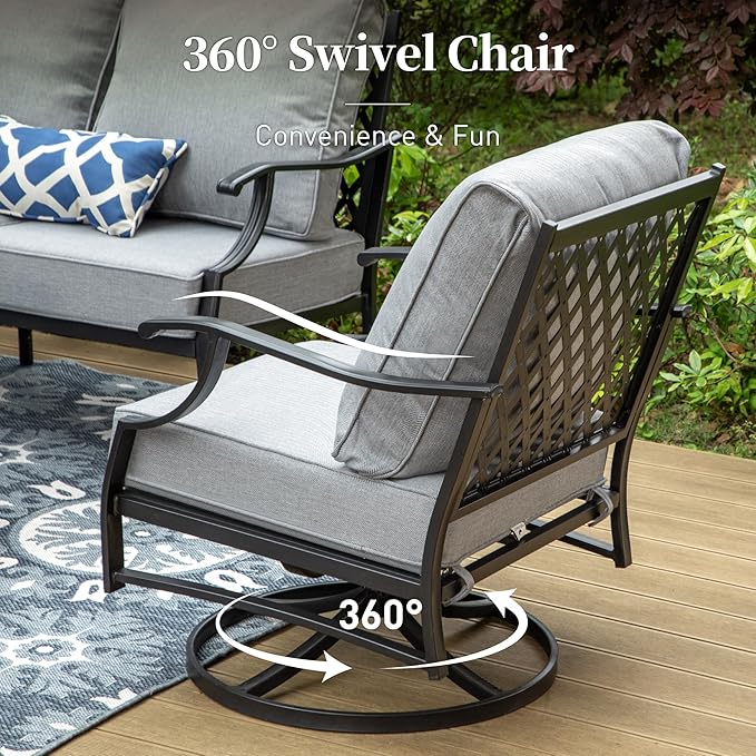 SUNSHINE VALLEY 4 Piece Metal Outdoor Patio Furniture Sets with 5000 BTU Firepit Table, Patio Conversation Sets 1 3-seater Sofa, 2 Swivel Chair with 5.75" Thick Cushion, Black Backyard Furniture, Gray