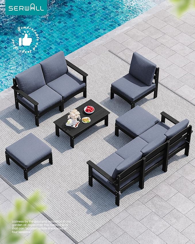 SERWALL HDPE Outdoor Coffee Table, All-Weather Patio Side Table, Durable Patio Furniture Table for Garden, Deck, Porch, Poolside, Black